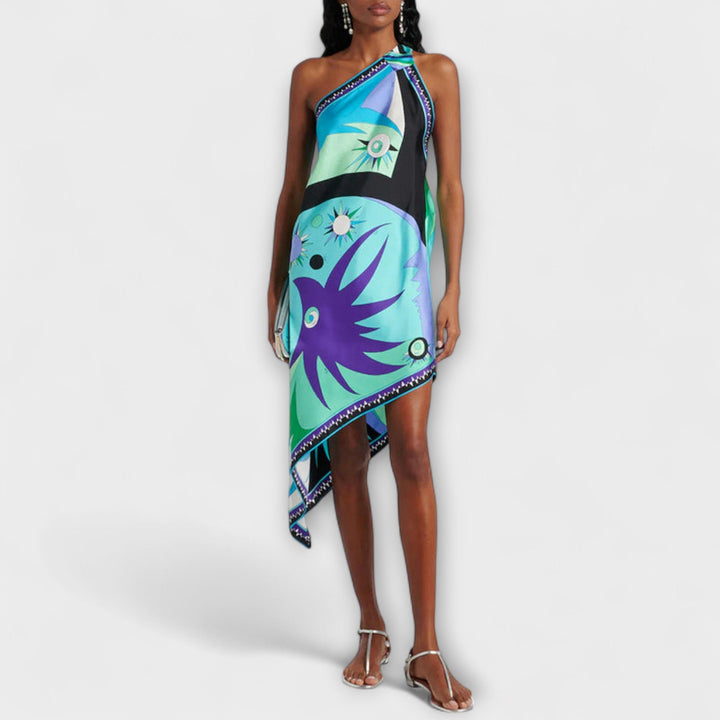 Esme - Einzigartiges Print Satin-Midi-Kleid mit asymmetrischem Saum