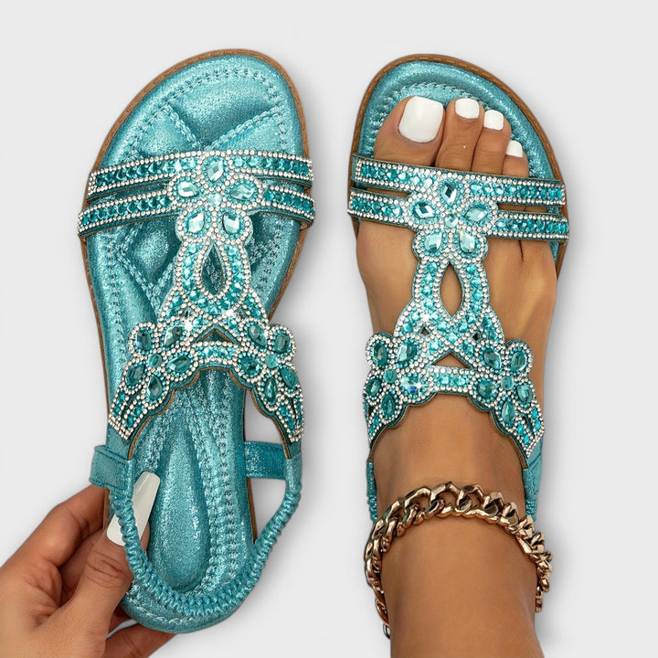 Reinhilde - Türkise Boho-Sandalen mit Strass