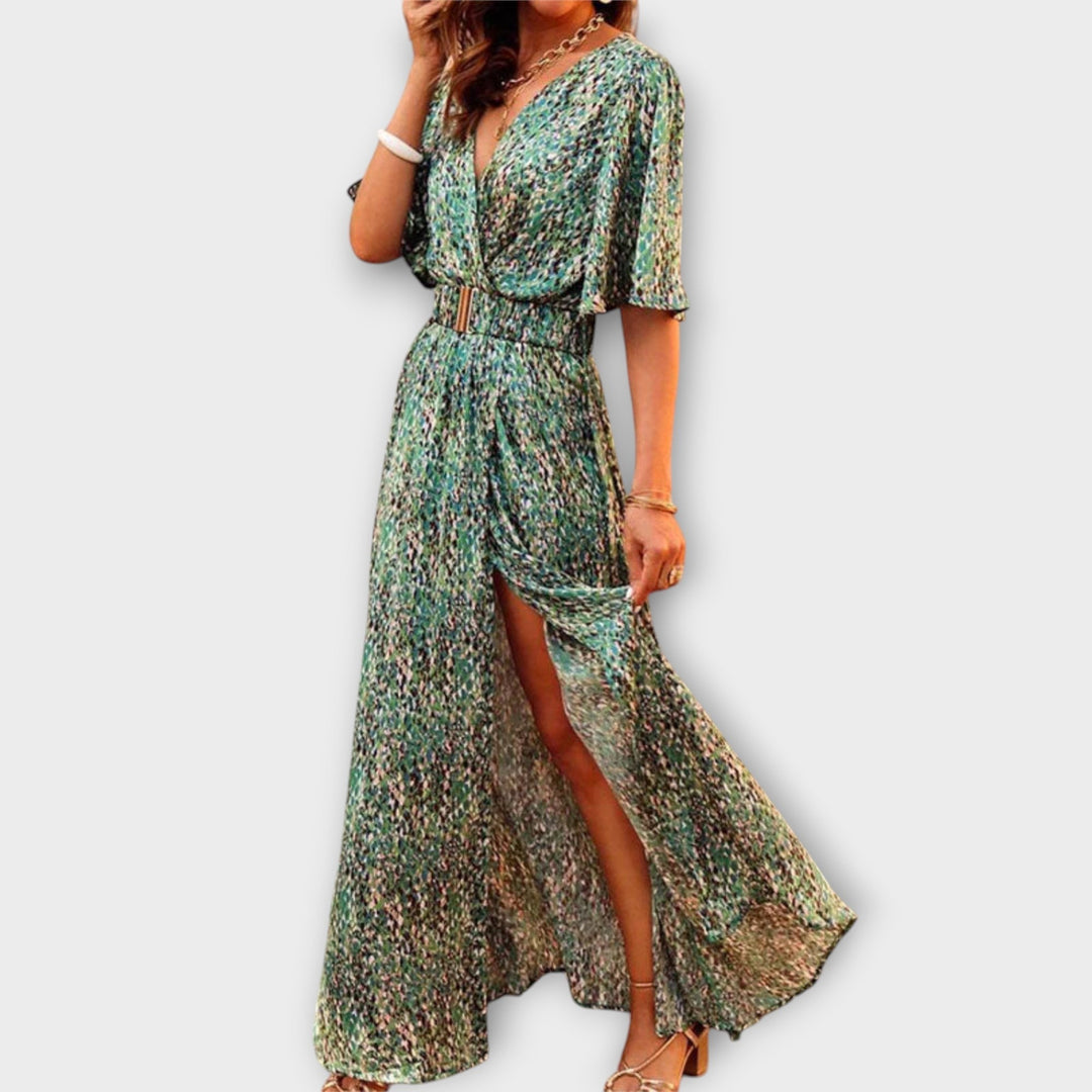 Sabine - Grünes Wickel-Maxikleid mit Print