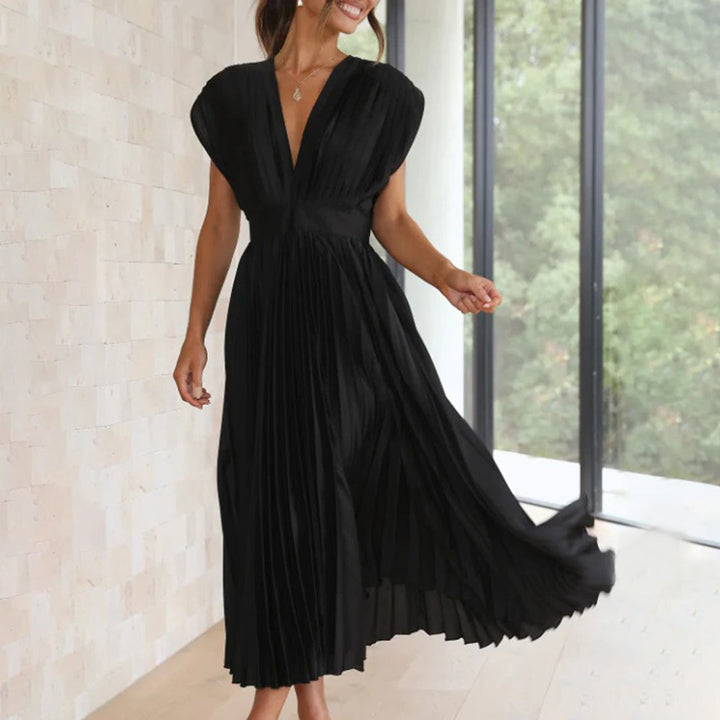 Maren | Plissiertes Damen-Midikleid mit V-Ausschnitt und Flügelärmeln für Hochzeitsgäste
