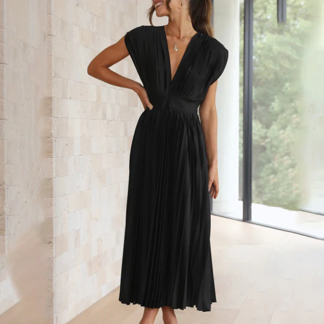 Maren | Plissiertes Damen-Midikleid mit V-Ausschnitt und Flügelärmeln für Hochzeitsgäste