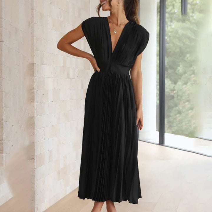 Maren | Plissiertes Damen-Midikleid mit V-Ausschnitt und Flügelärmeln für Hochzeitsgäste