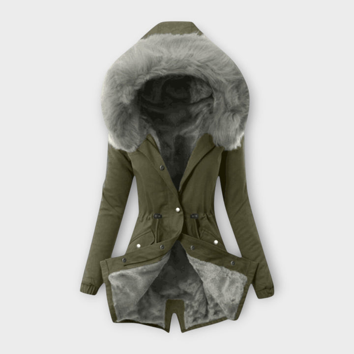 Maura - Olivgrüne kuschelige Winterjacke mit Fellkapuze