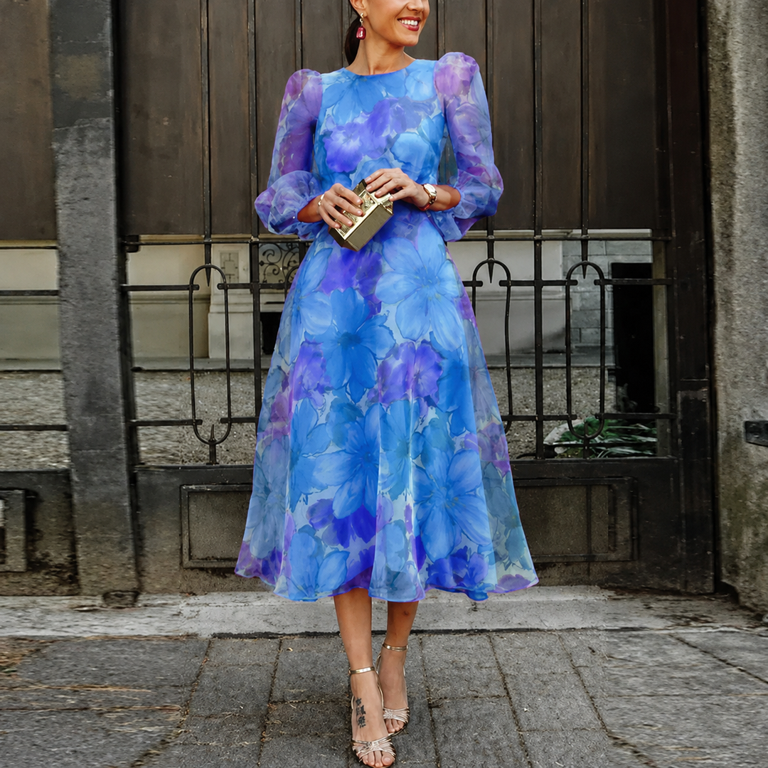 Rosalie | Geblümtes Damen-Midikleid mit transparenten langen Ärmeln für Hochzeitsgäste