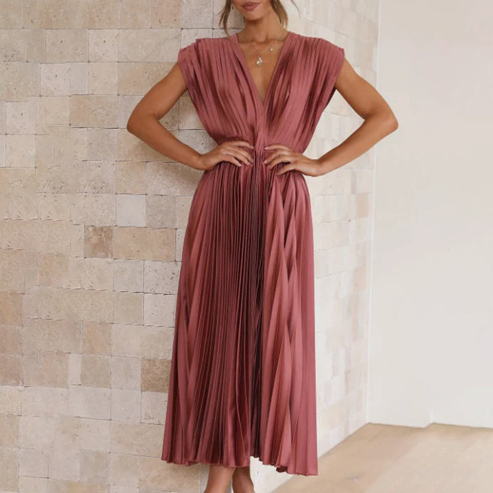 Maren | Plissiertes Damen-Midikleid mit V-Ausschnitt und Flügelärmeln für Hochzeitsgäste