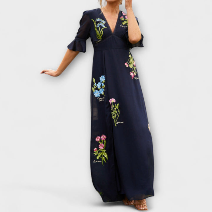 Beatrice - Marineblaues Kleid mit Blütenstickerei