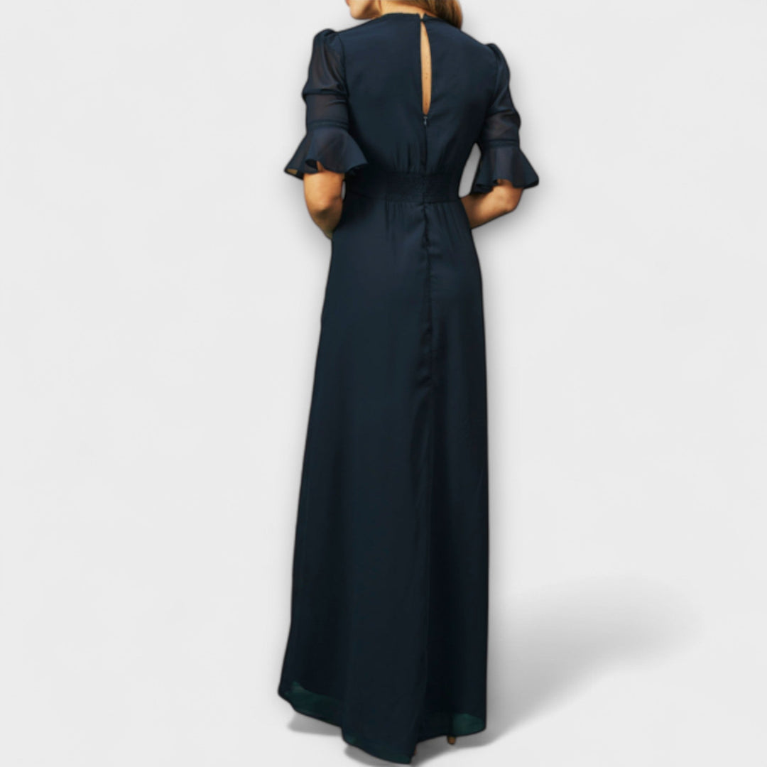 Beatrice - Marineblaues Kleid mit Blütenstickerei
