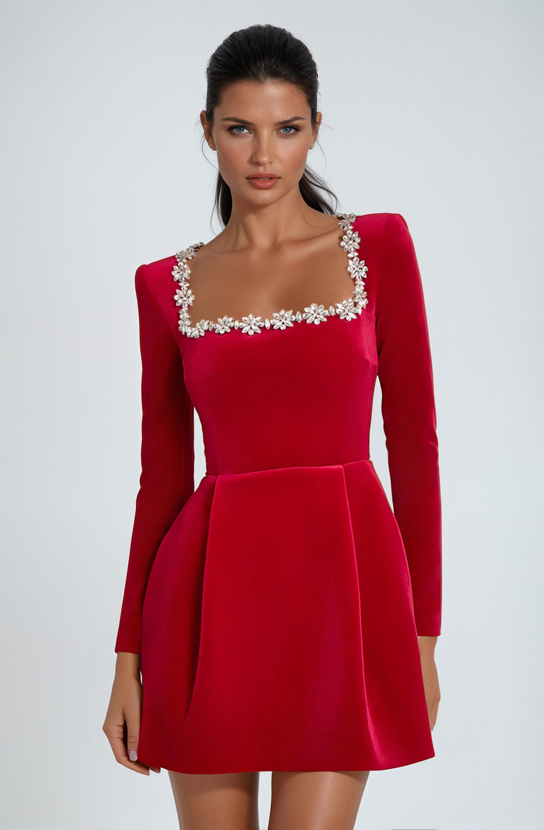 Theodora | Damenkleid mit eckigem Ausschnitt, langen Ärmeln und Glitzerbesatz für Hochzeitsgäste