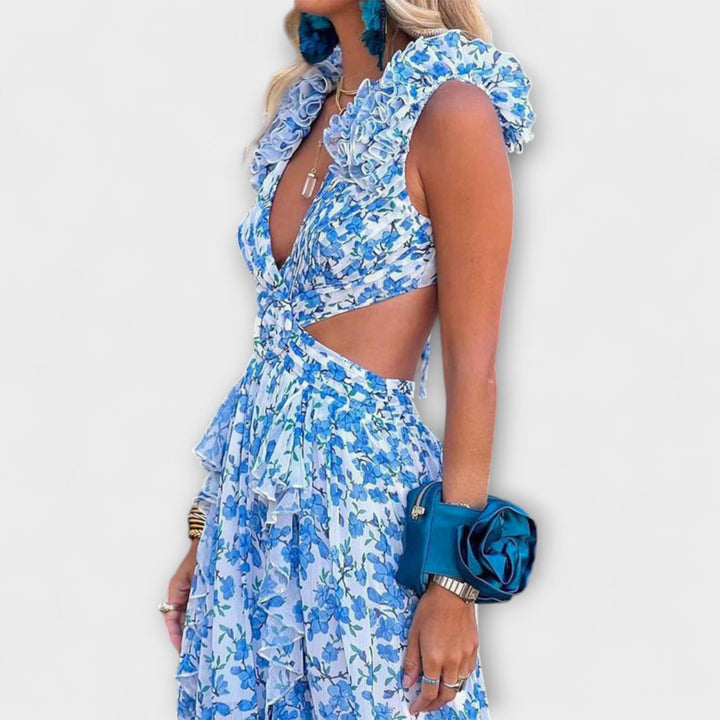 Elin - Rosa Maxikleid mit Rüschen und Cut-Outs