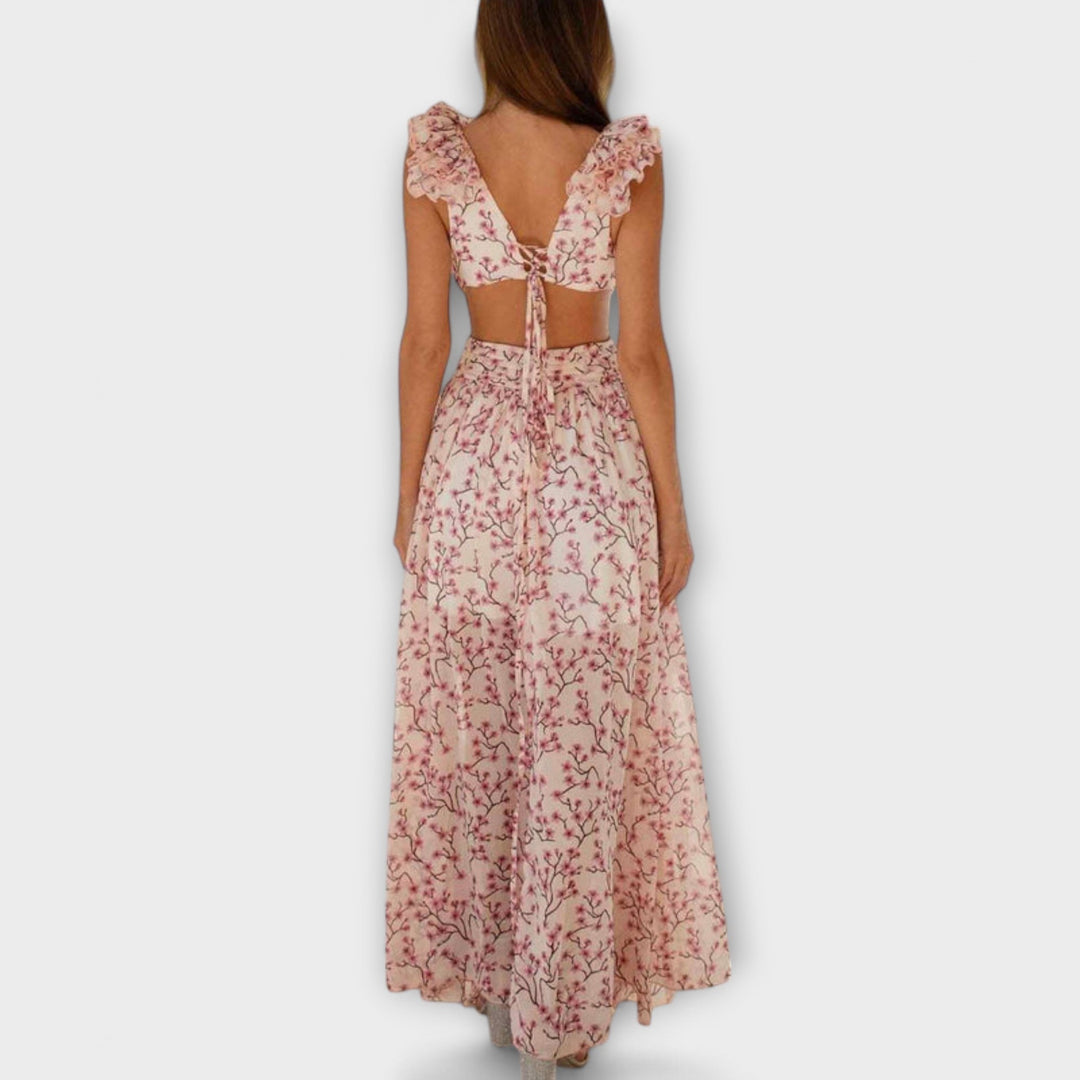 Elin - Rosa Maxikleid mit Rüschen und Cut-Outs