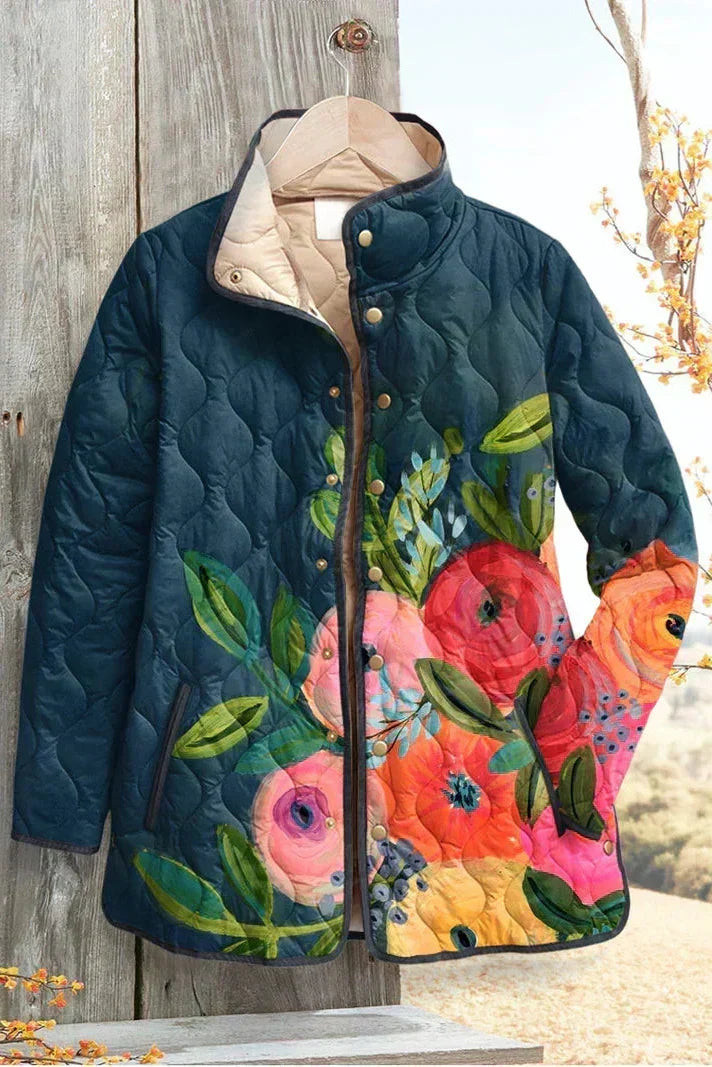 Florie – Steppjacke mit Blumendruck und Plüschkragen