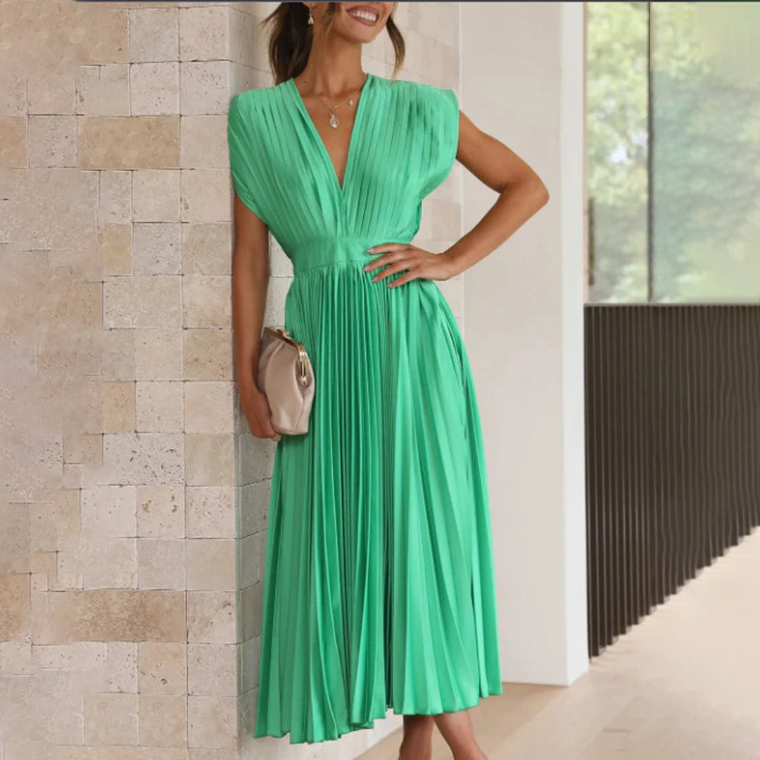 Maren | Plissiertes Damen-Midikleid mit V-Ausschnitt und Flügelärmeln für Hochzeitsgäste