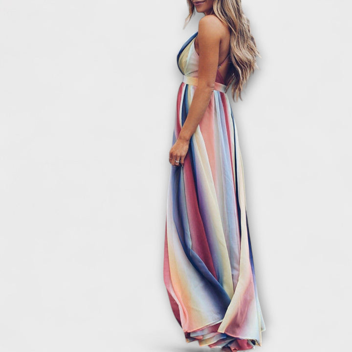Mehrfarbig gestreiftes Maxikleid mit V-Ausschnitt