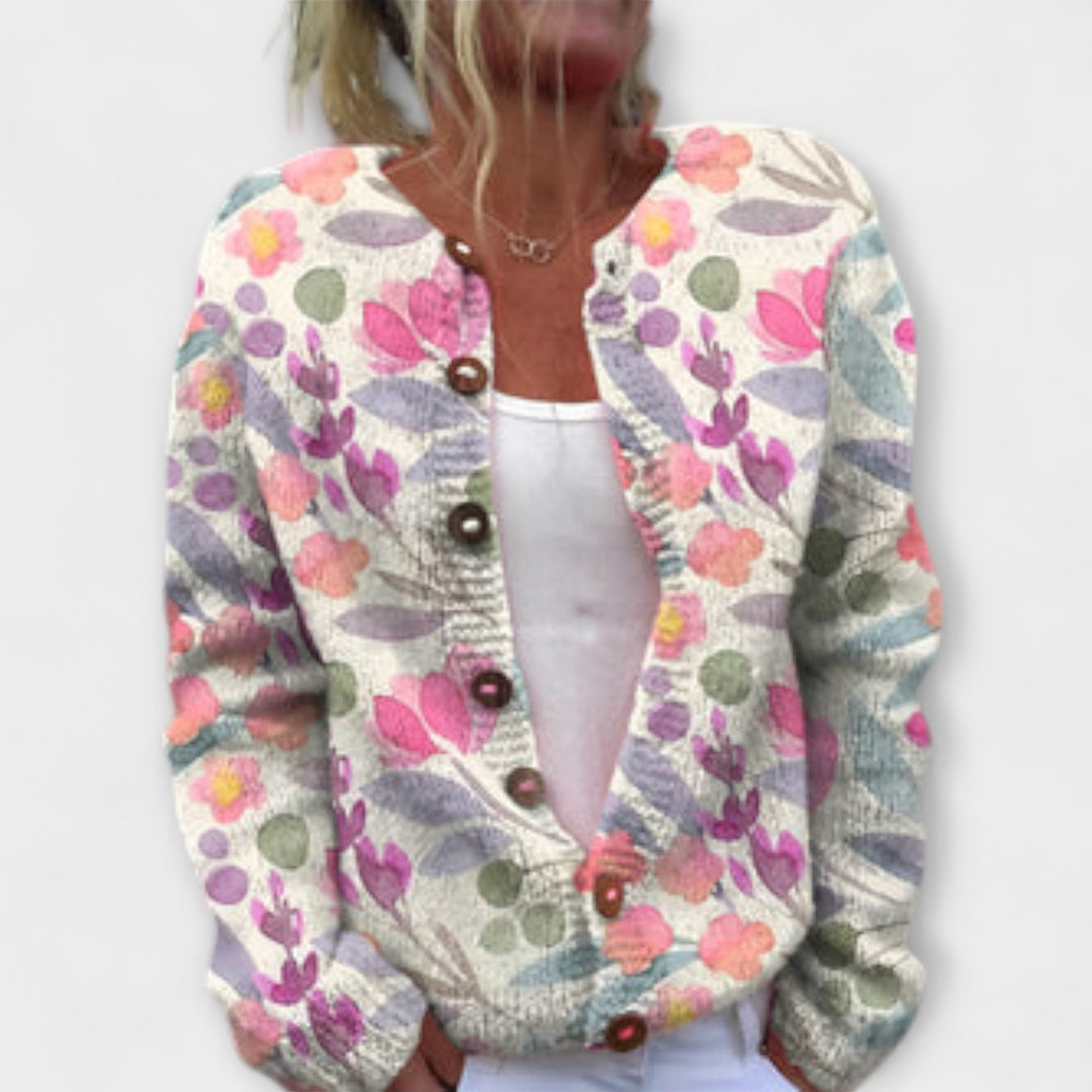 Lina - Weisser Cardigan mit Wiesenblumen-Print
