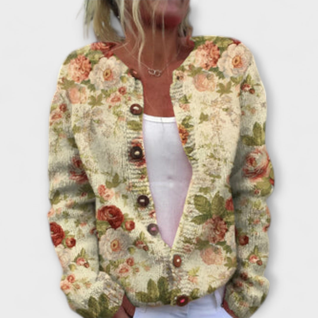 Leona - Cremefarbener Cardigan mit Wiesenblumen-Print