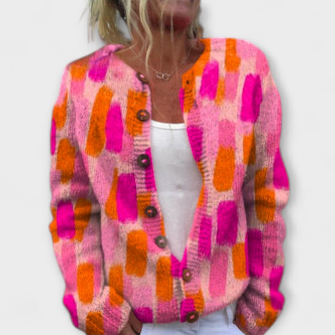 Flora - Pinker Strickcardigan mit buntem Print