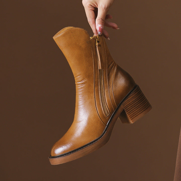 Zaria | Stiefeletten mit Blockabsatz in Holzoptik und Reissverschluss für Damen