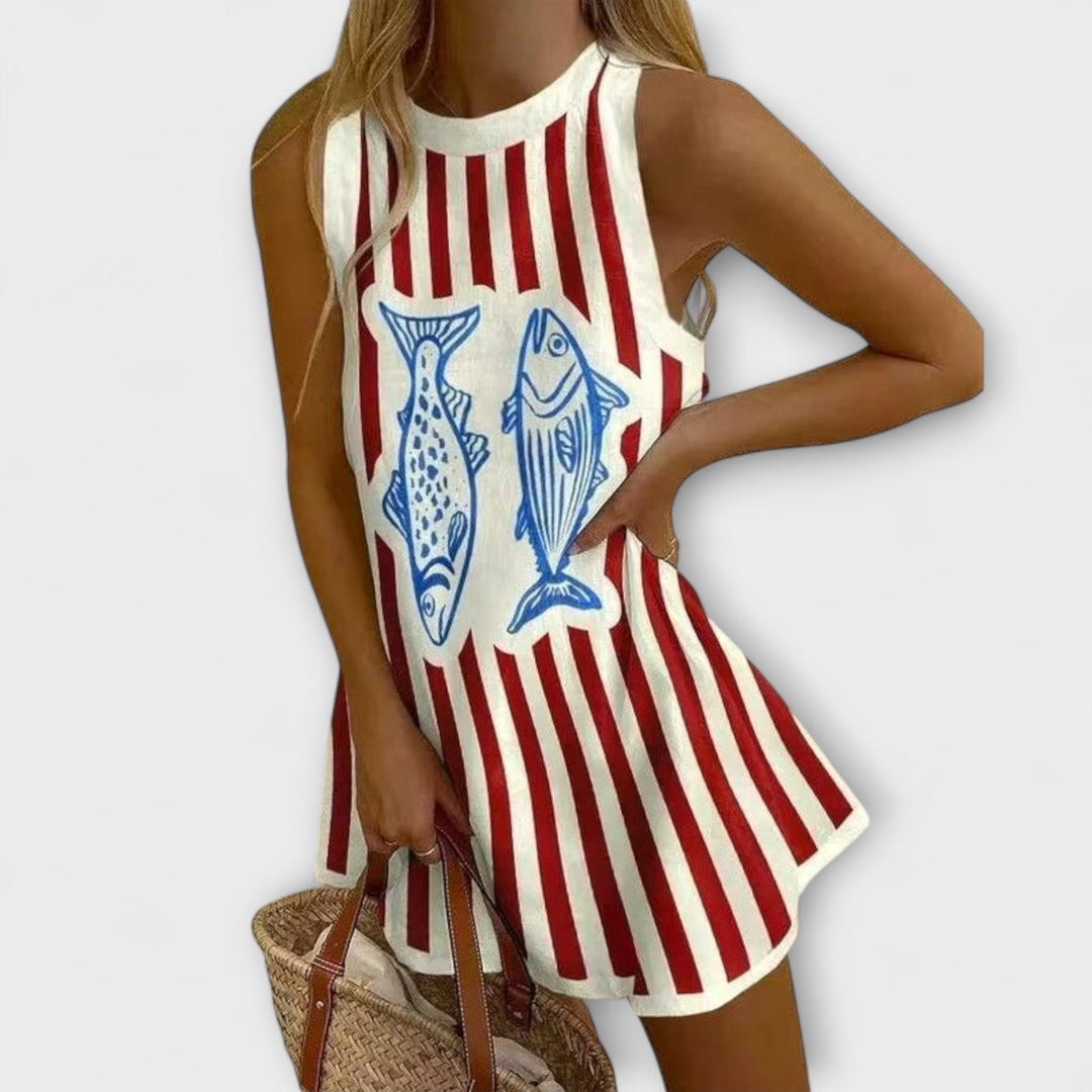 Constança - Weiss-rotes Mini-Kleid mit Fischmotiv