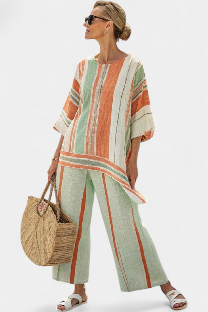 Dalila - Cremefarbenes Leinen-Set mit orangen Streifen