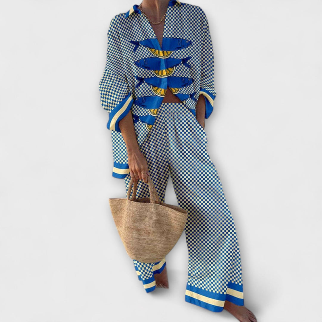 Sofia - Blau-weisse Jacke mit mediterranem Zitronenmuster