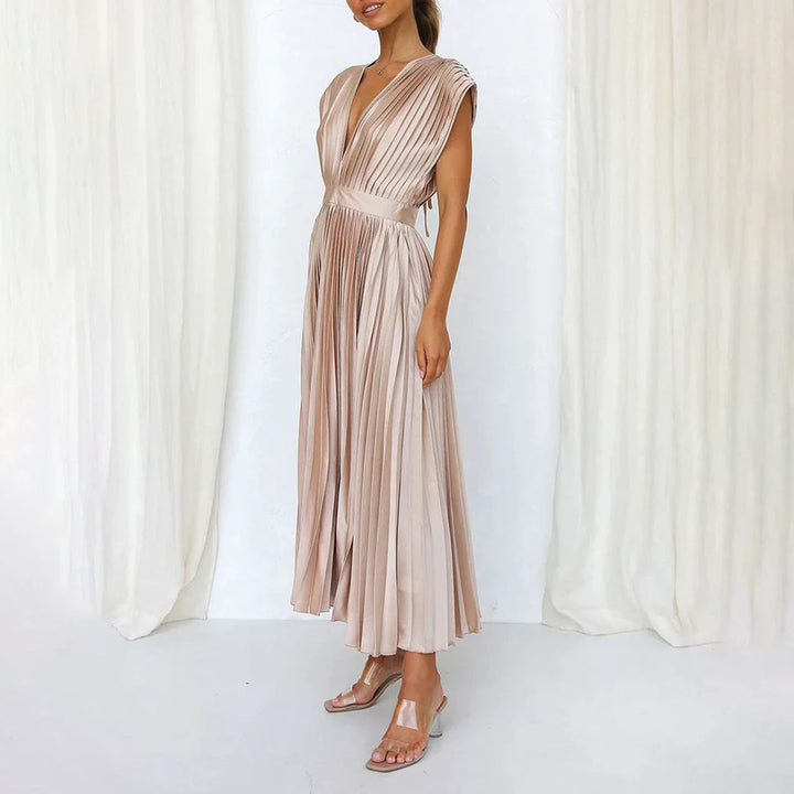 Maren | Plissiertes Damen-Midikleid mit V-Ausschnitt und Flügelärmeln für Hochzeitsgäste