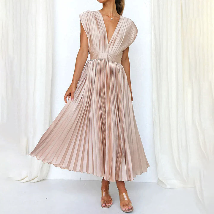 Maren | Plissiertes Damen-Midikleid mit V-Ausschnitt und Flügelärmeln für Hochzeitsgäste