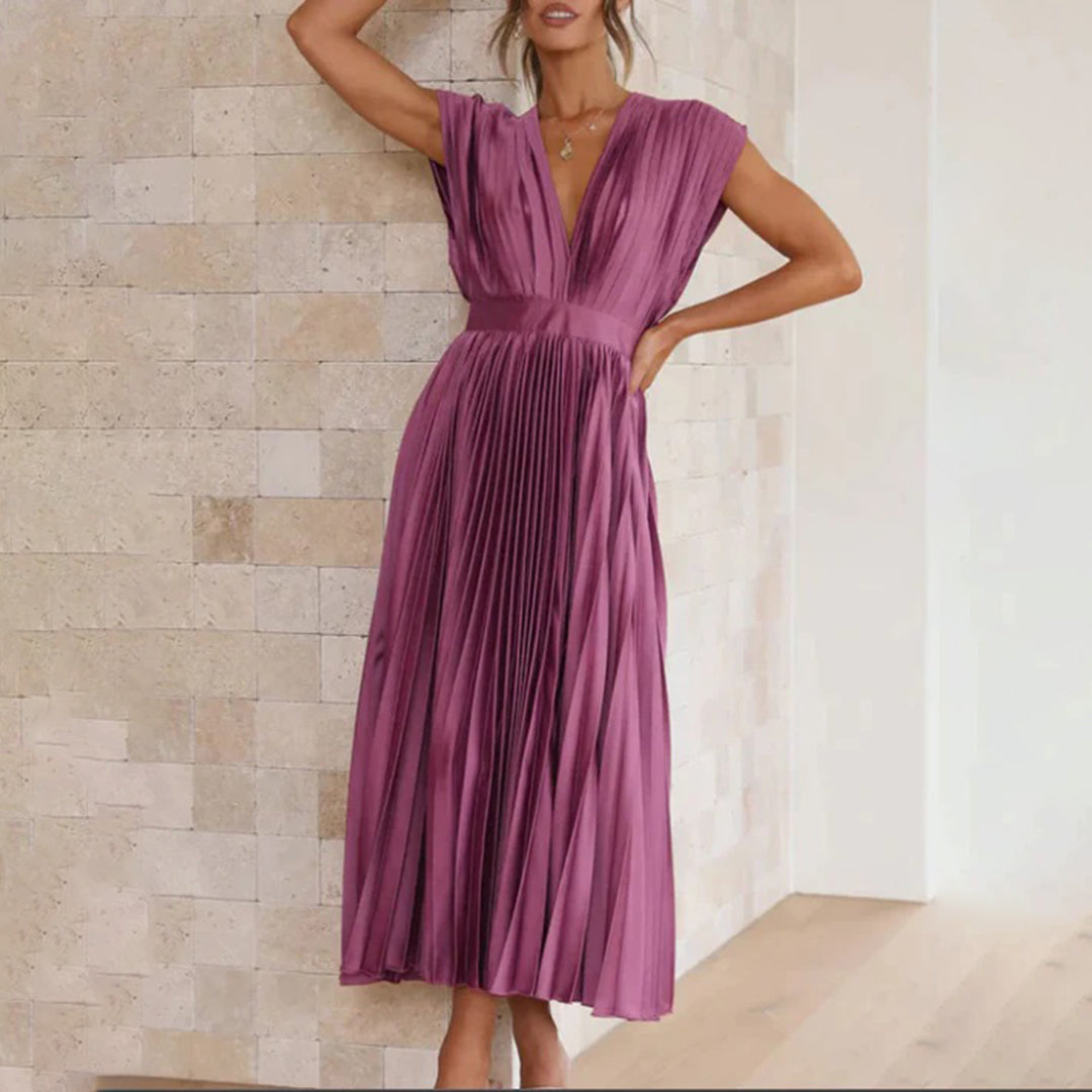 Maren | Plissiertes Damen-Midikleid mit V-Ausschnitt und Flügelärmeln für Hochzeitsgäste