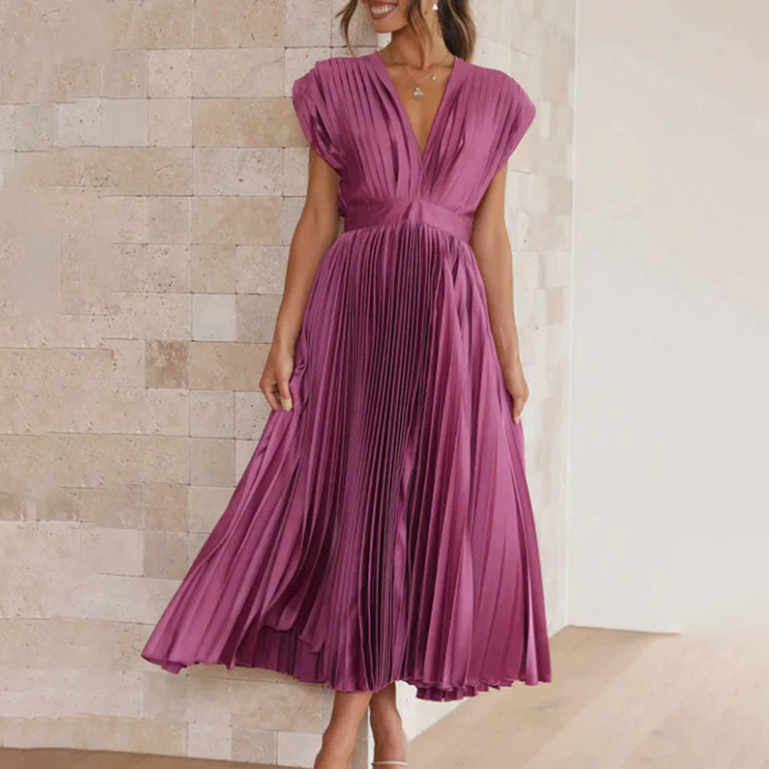 Maren | Plissiertes Damen-Midikleid mit V-Ausschnitt und Flügelärmeln für Hochzeitsgäste