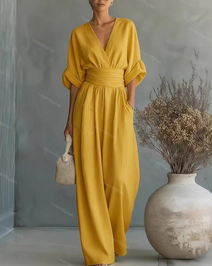 Pia | Wickel-Jumpsuit mit V-Ausschnitt und weitem Bein für Damen