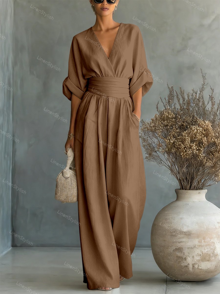 Pia | Wickel-Jumpsuit mit V-Ausschnitt und weitem Bein für Damen
