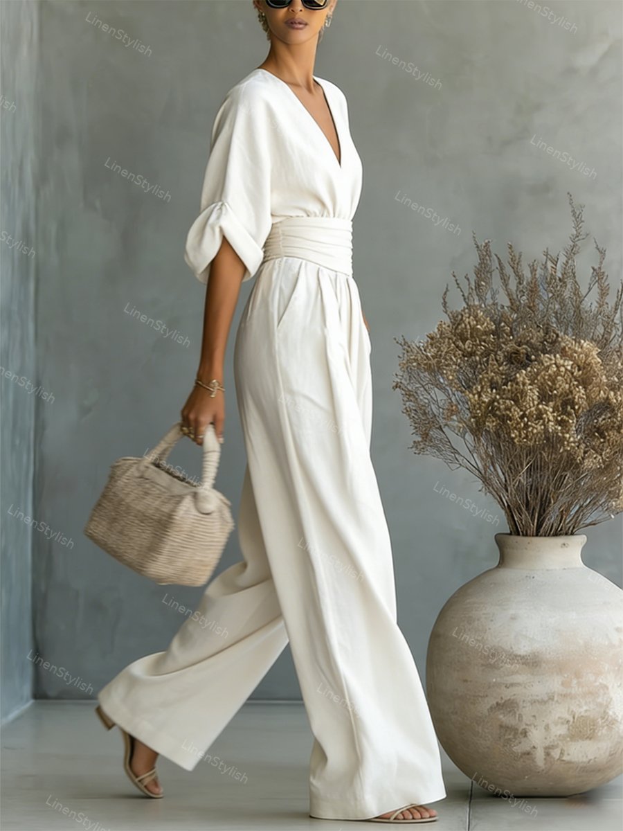 Pia | Wickel-Jumpsuit mit V-Ausschnitt und weitem Bein für Damen