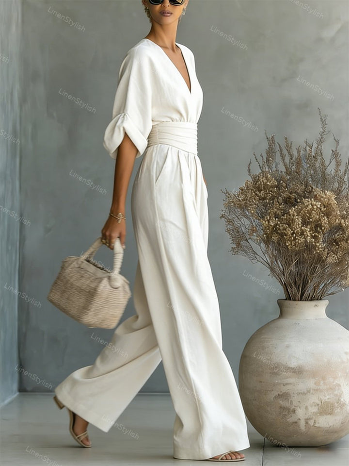 Pia | Wickel-Jumpsuit mit V-Ausschnitt und weitem Bein für Damen