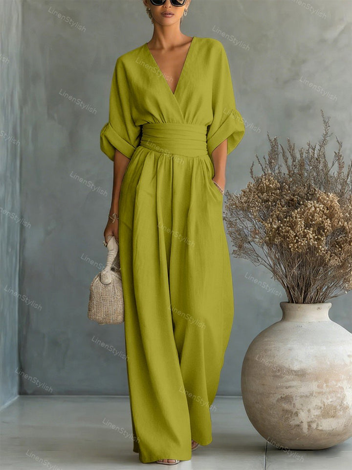 Pia | Wickel-Jumpsuit mit V-Ausschnitt und weitem Bein für Damen