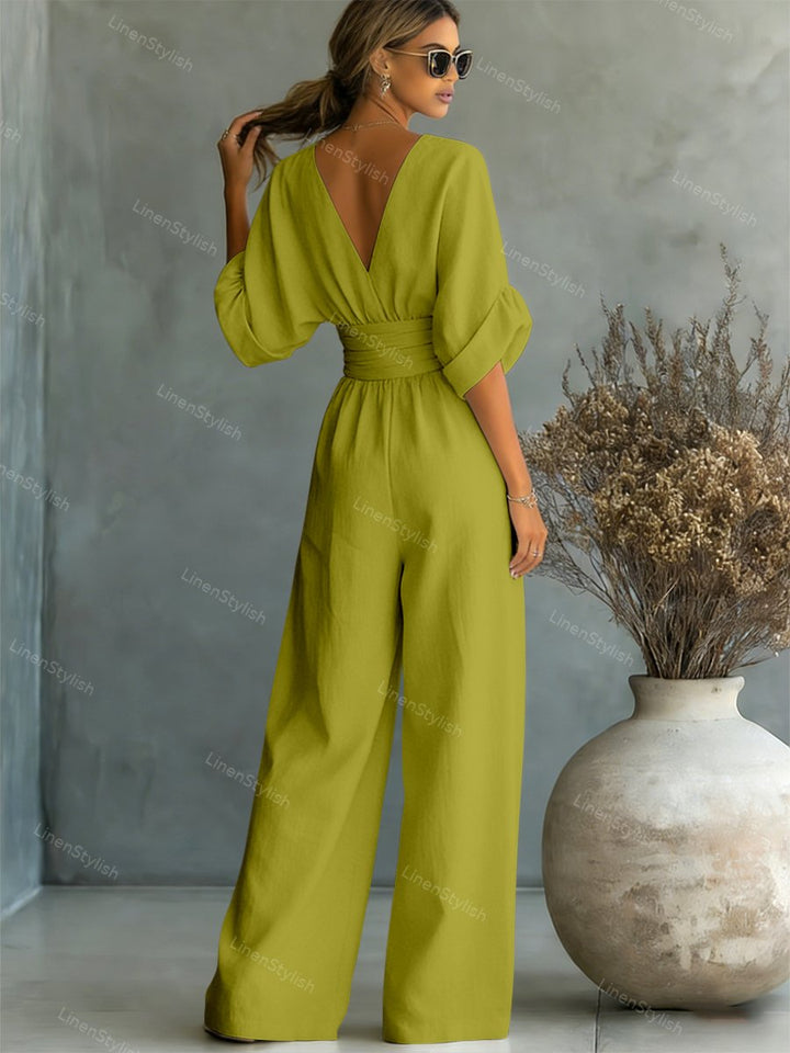 Pia | Wickel-Jumpsuit mit V-Ausschnitt und weitem Bein für Damen