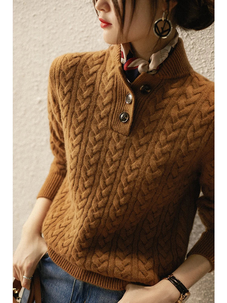 Nathalia | Zopfstrickpullover mit Knopfleiste am Kragen für Damen