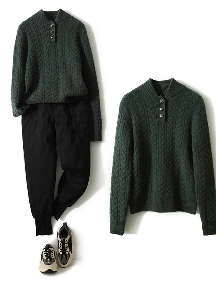 Nathalia | Zopfstrickpullover mit Knopfleiste am Kragen für Damen