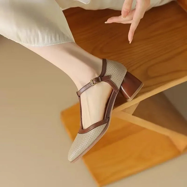 Helene – Zweifarbige T-Steg-Schuhe mit Blockabsatz