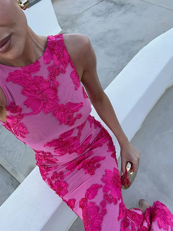 Lily | Geblümtes ärmelloses Damen-Maxikleid mit Rundhalsausschnitt für Hochzeitsgäste