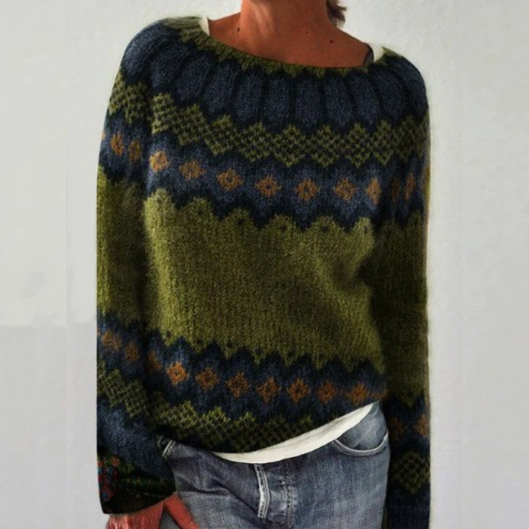 Salomé | Olivgrüner Retro-Pullover mit Zickzackmuster