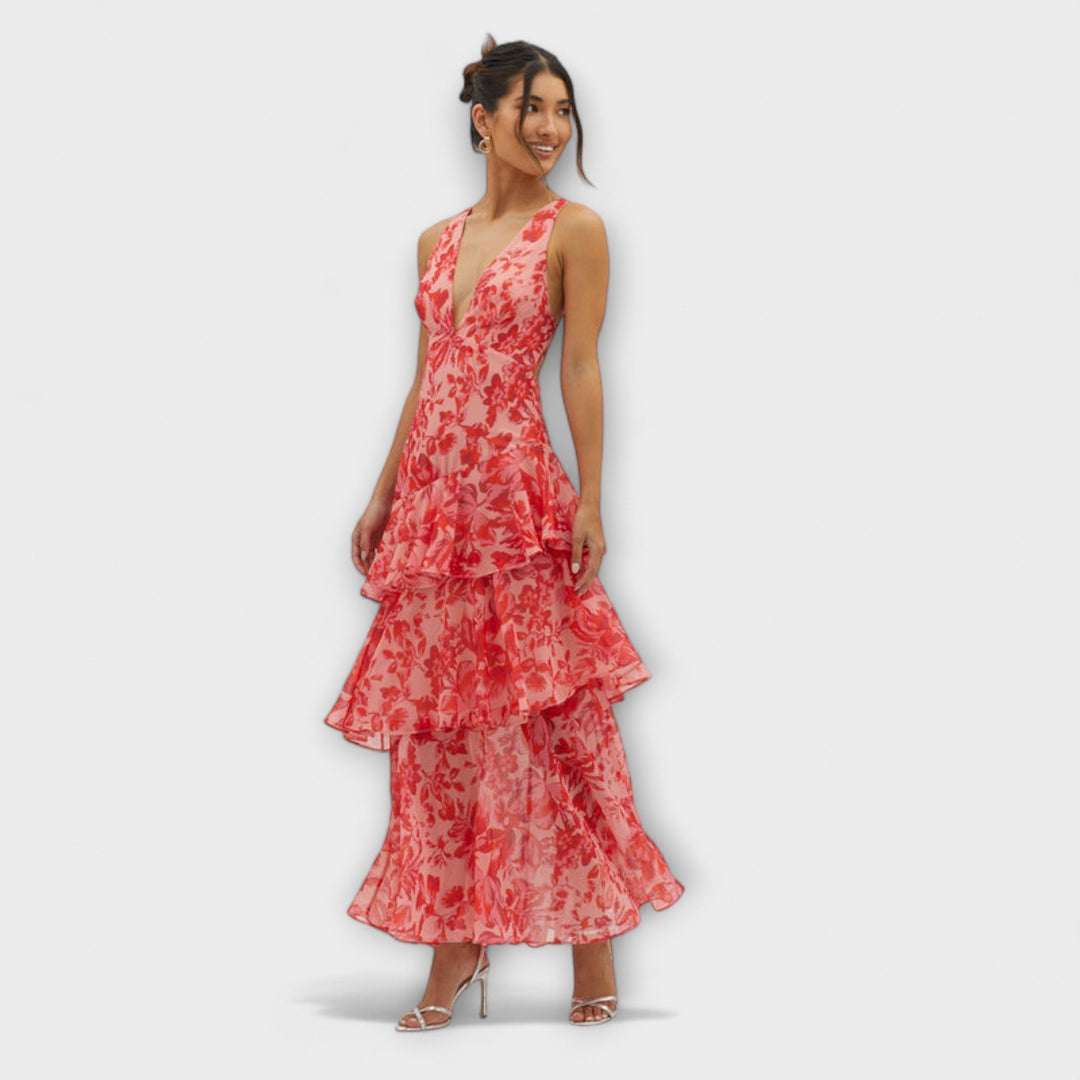 Faye - Rotes Stufen-Midikleid mit Blütenmuster