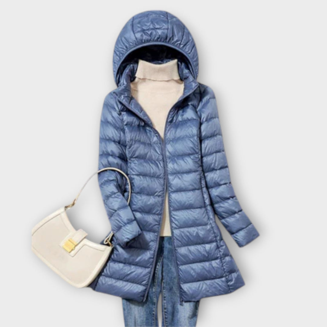 Annika - Beige ultraleichte Daunenjacke mit Kapuze