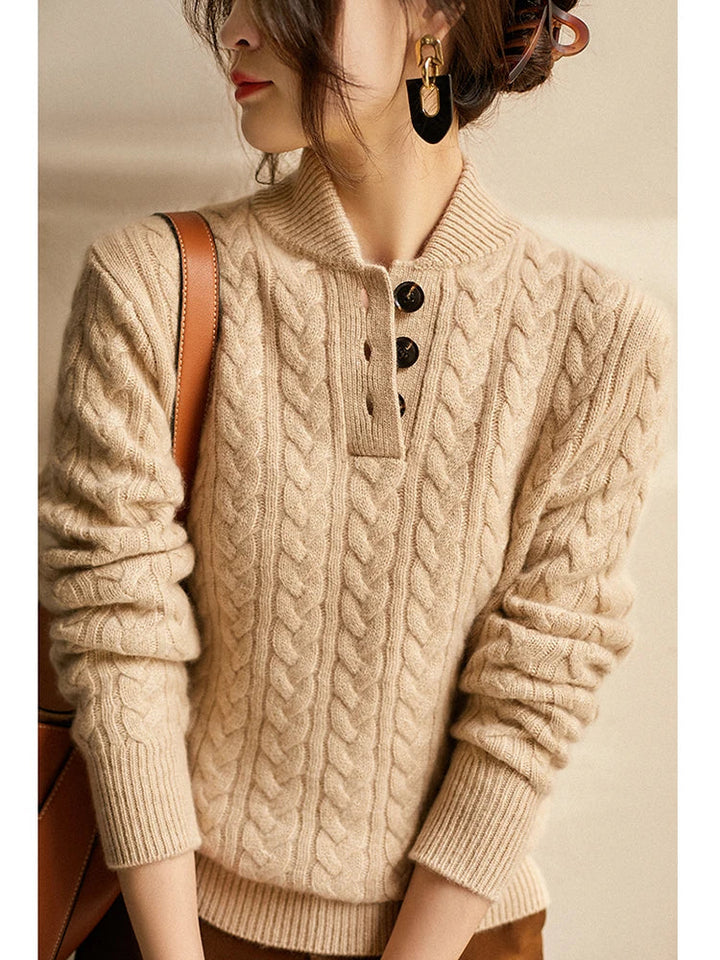 Nathalia | Zopfstrickpullover mit Knopfleiste am Kragen für Damen