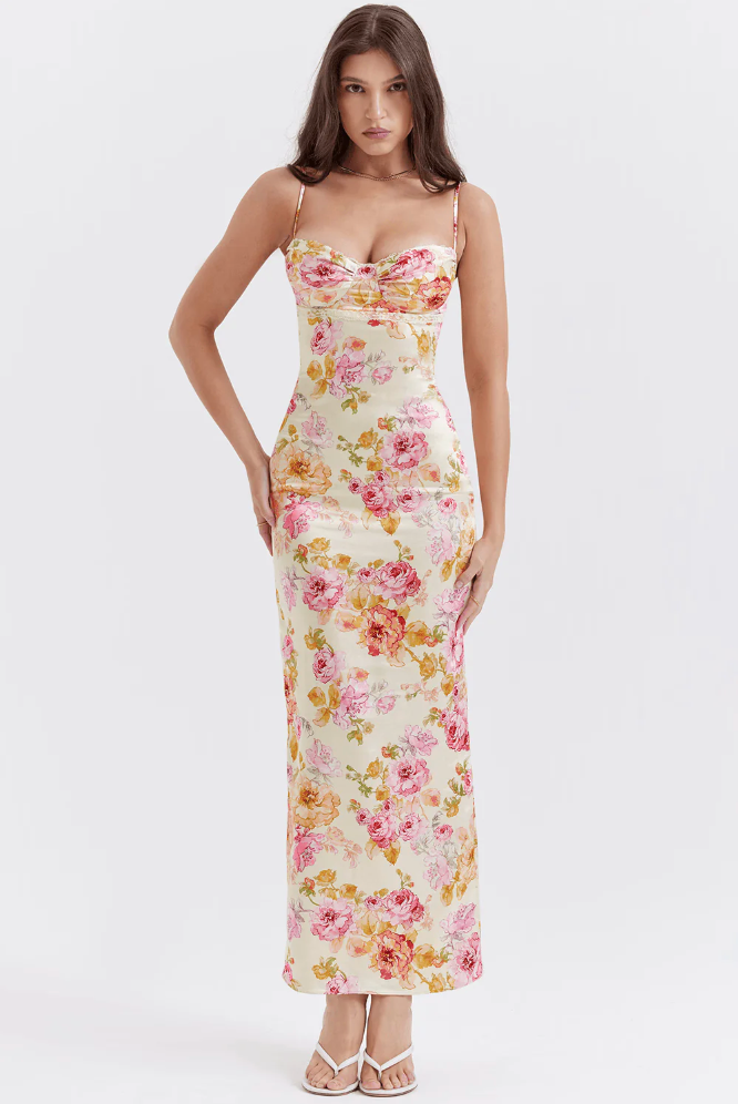 Melusina | Geblümtes Damen-Maxikleid mit Herzausschnitt und Spaghettiträgern für Hochzeitsgäste