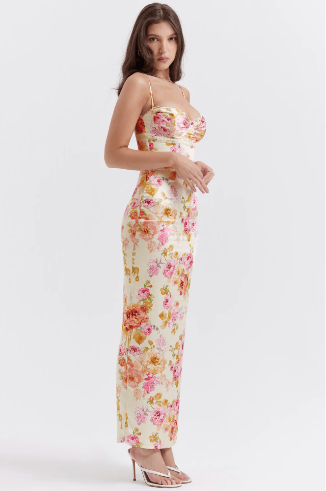 Melusina | Geblümtes Damen-Maxikleid mit Herzausschnitt und Spaghettiträgern für Hochzeitsgäste