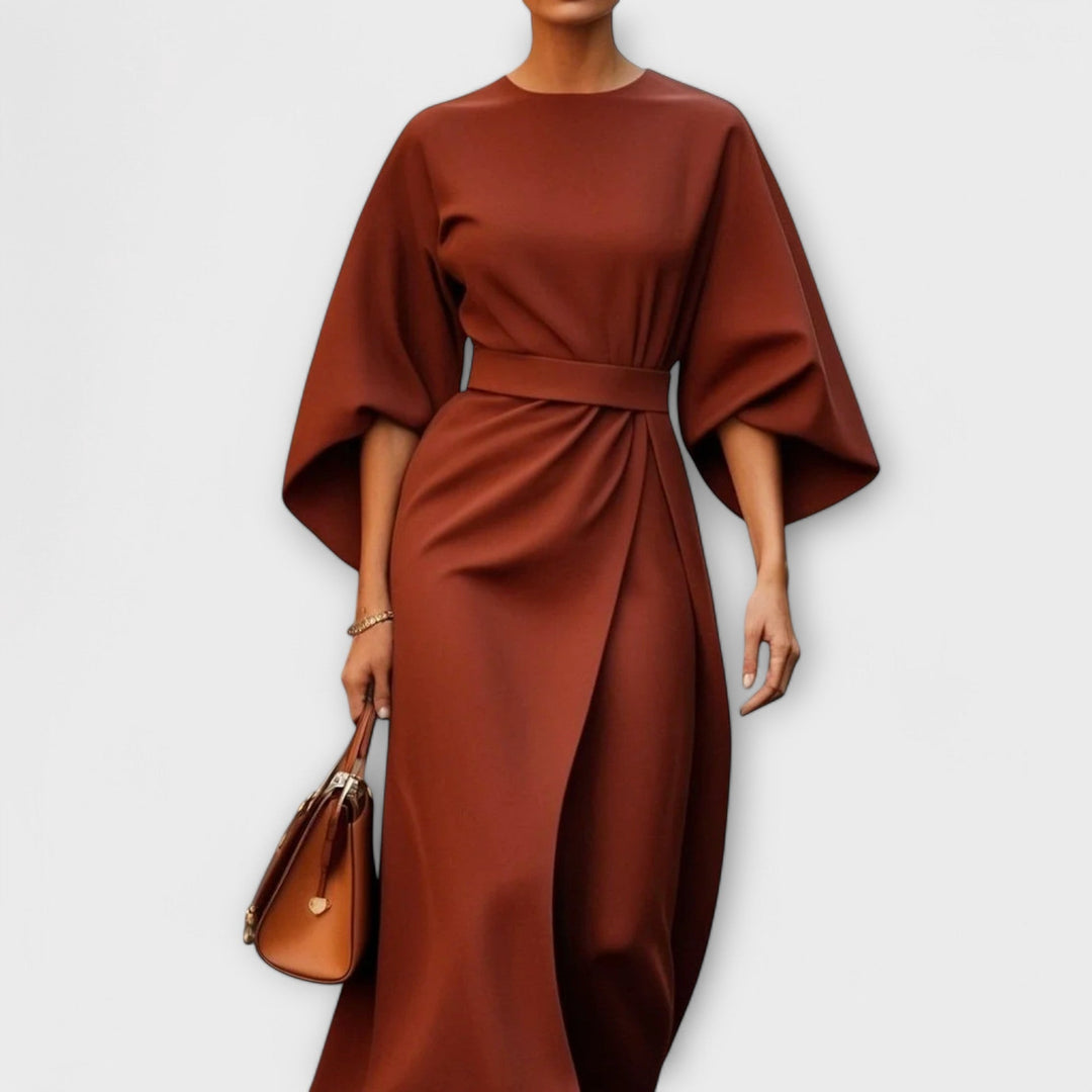 Sonia - Olivgrünes elegantes Satinkleid mit Ärmeln