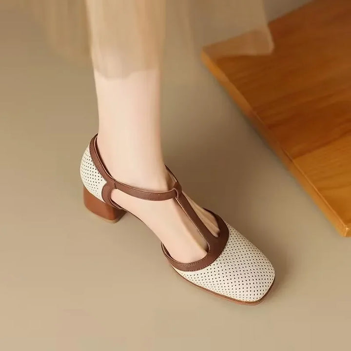 Helene – Zweifarbige T-Steg-Schuhe mit Blockabsatz