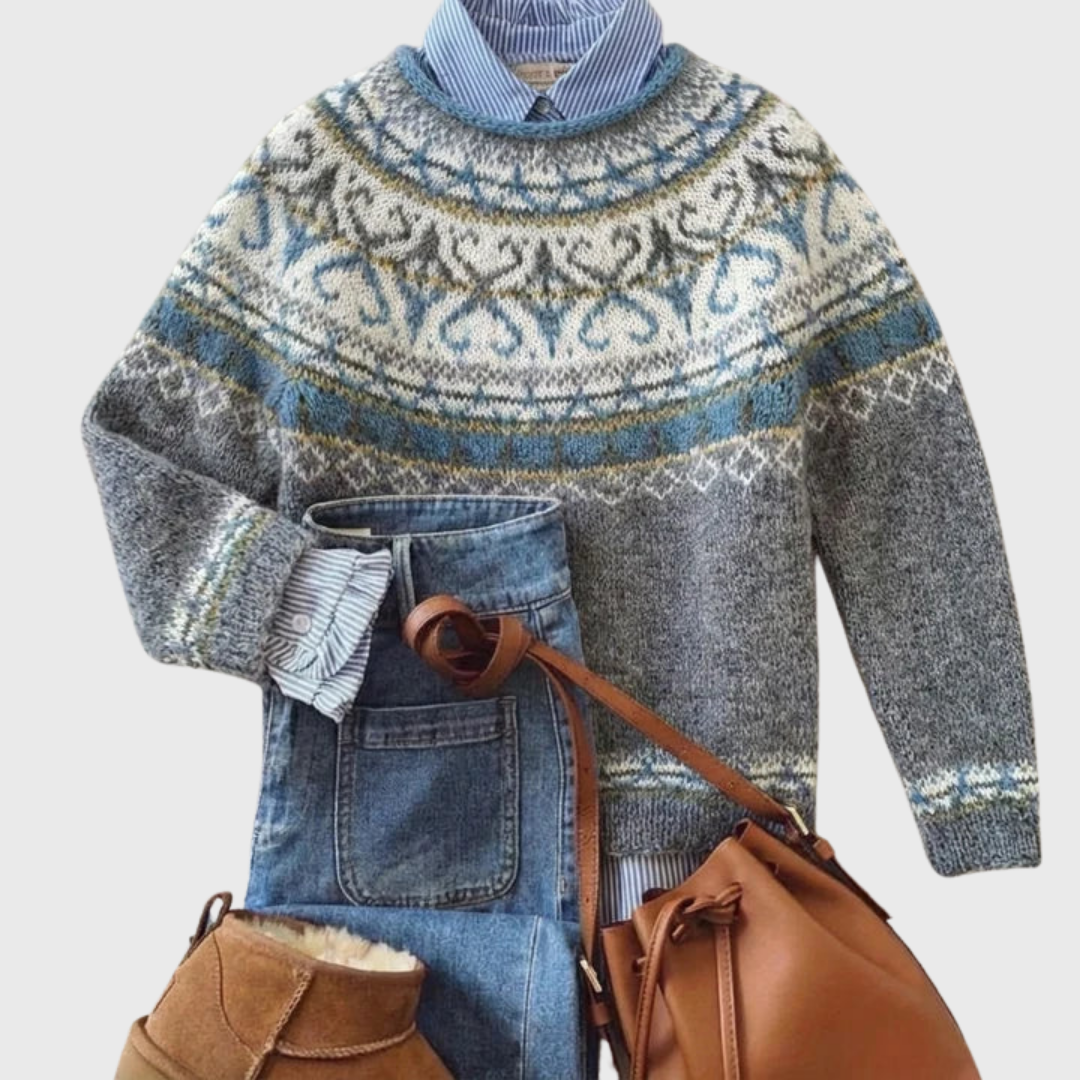Lux | Hellgrauer Vintage-Pullover mit Norweger-Muster
