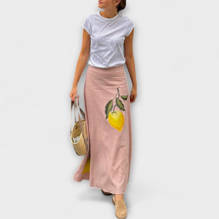 Cosima - Rosa Set mit Zitronen-Print und Midi-Rock