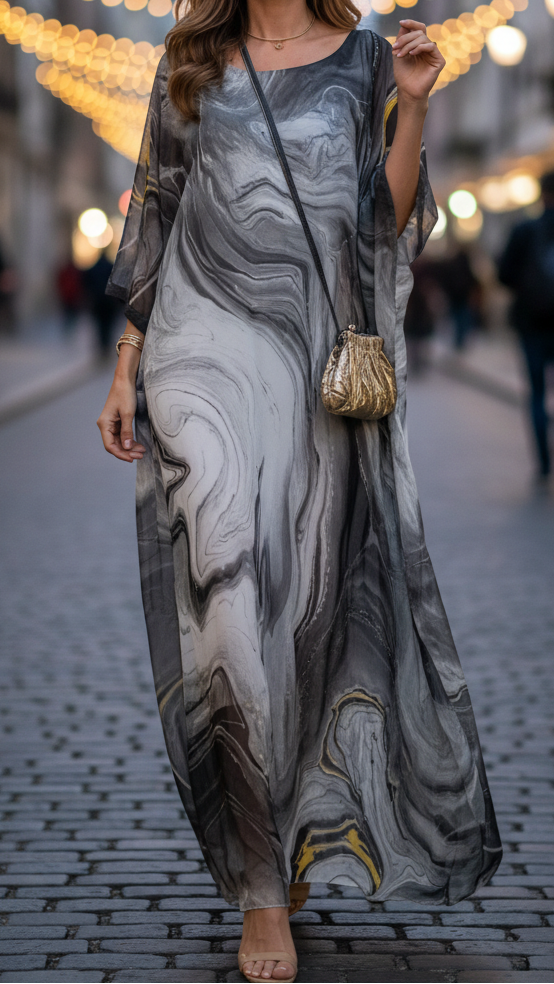 Aura | Damen-Maxikleid mit Fledermausärmeln und Wellenmuster für Hochzeitsgäste