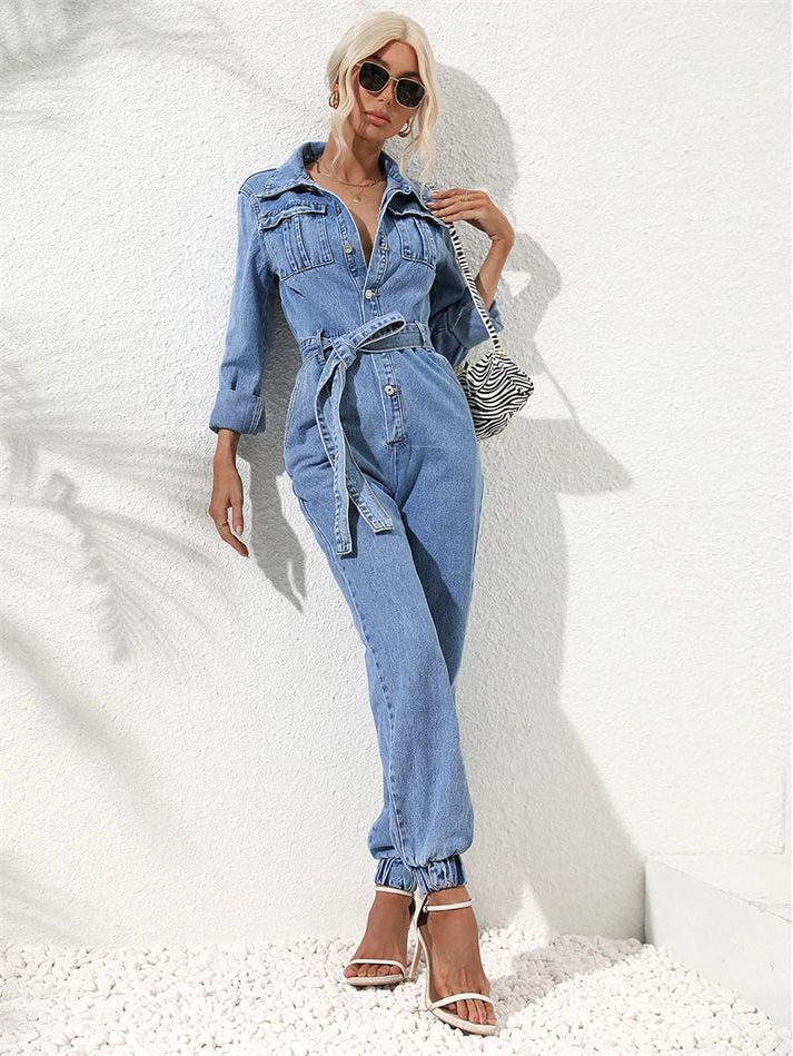 Amabel | Lockerer Jeans-Jumpsuit mit Gürtel und langen Ärmeln für Damen